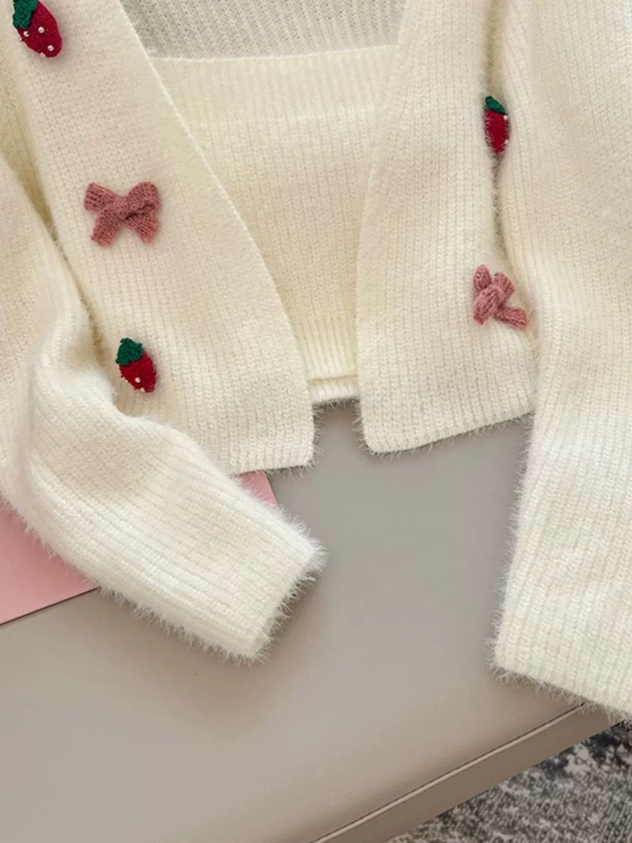 Cream Knit Cardigan with Strawberry and Bow Details – Cute Two Piece Set
