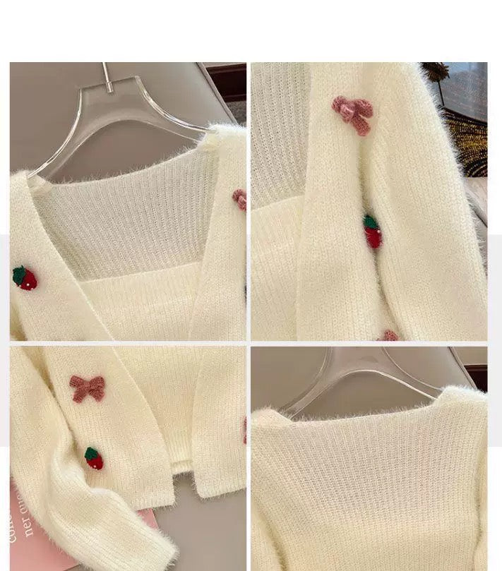 Cream Knit Cardigan with Strawberry and Bow Details – Cute Two Piece Set