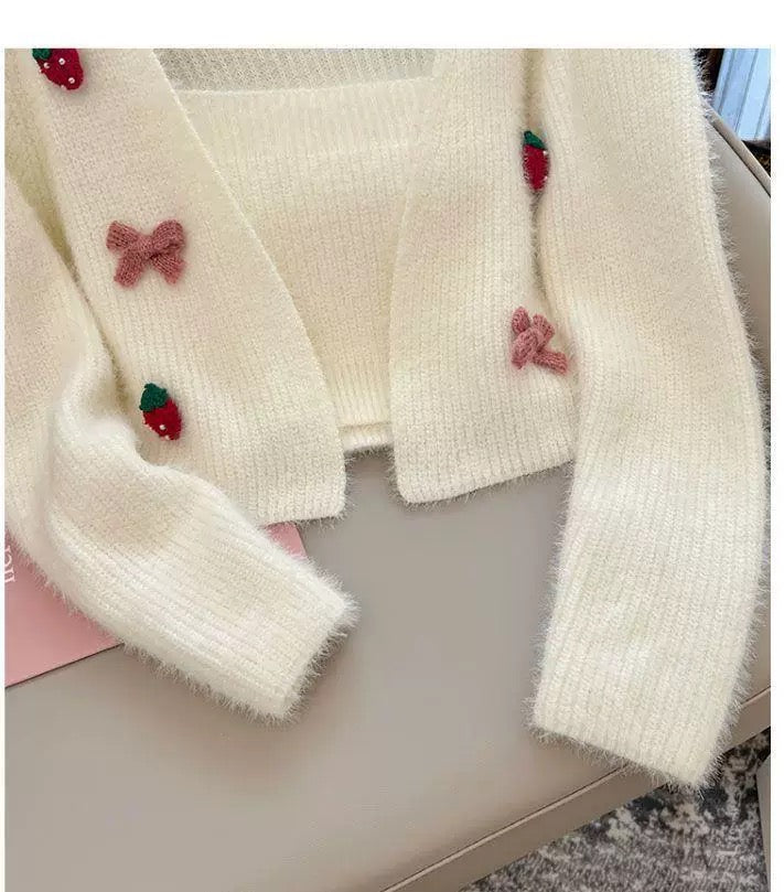 Cream Knit Cardigan with Strawberry and Bow Details – Cute Two Piece Set