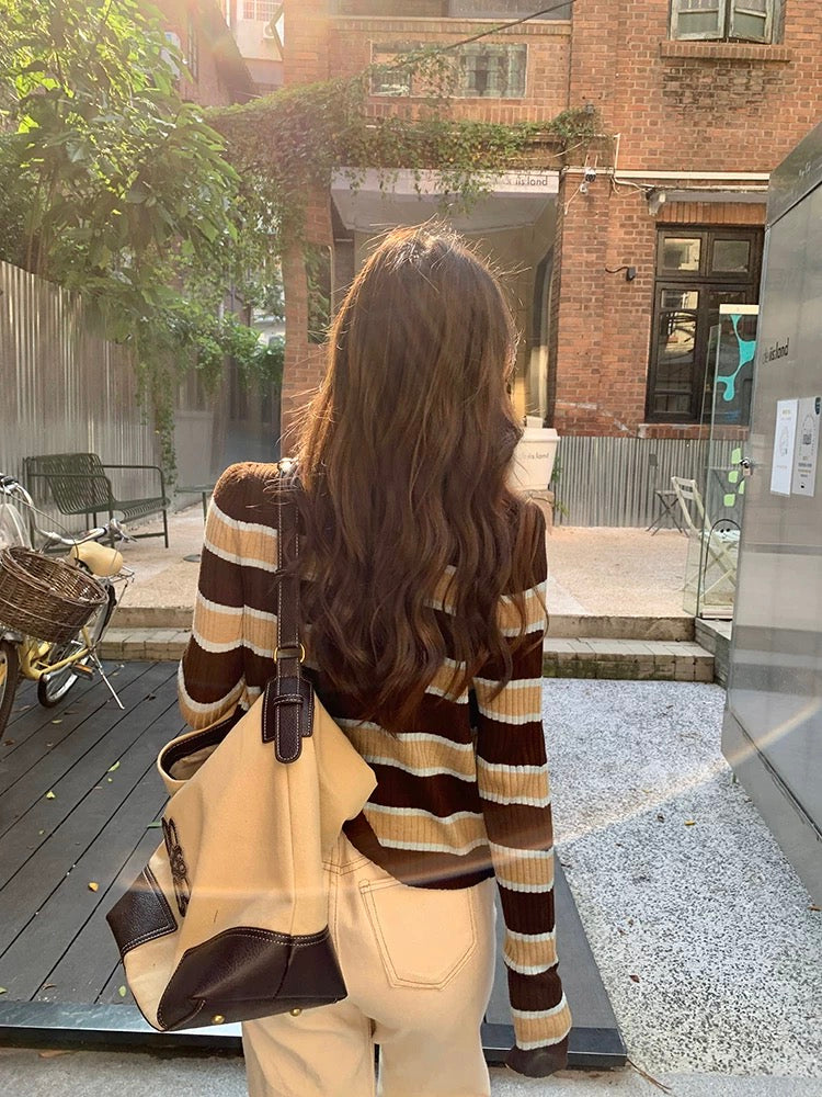 Brown Striped Cardigan and Knit Top – Casual Two Piece Knitwear