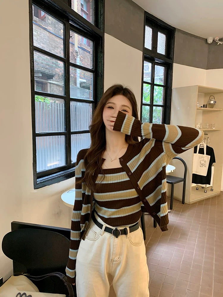 Brown Striped Cardigan and Knit Top – Casual Two Piece Knitwear