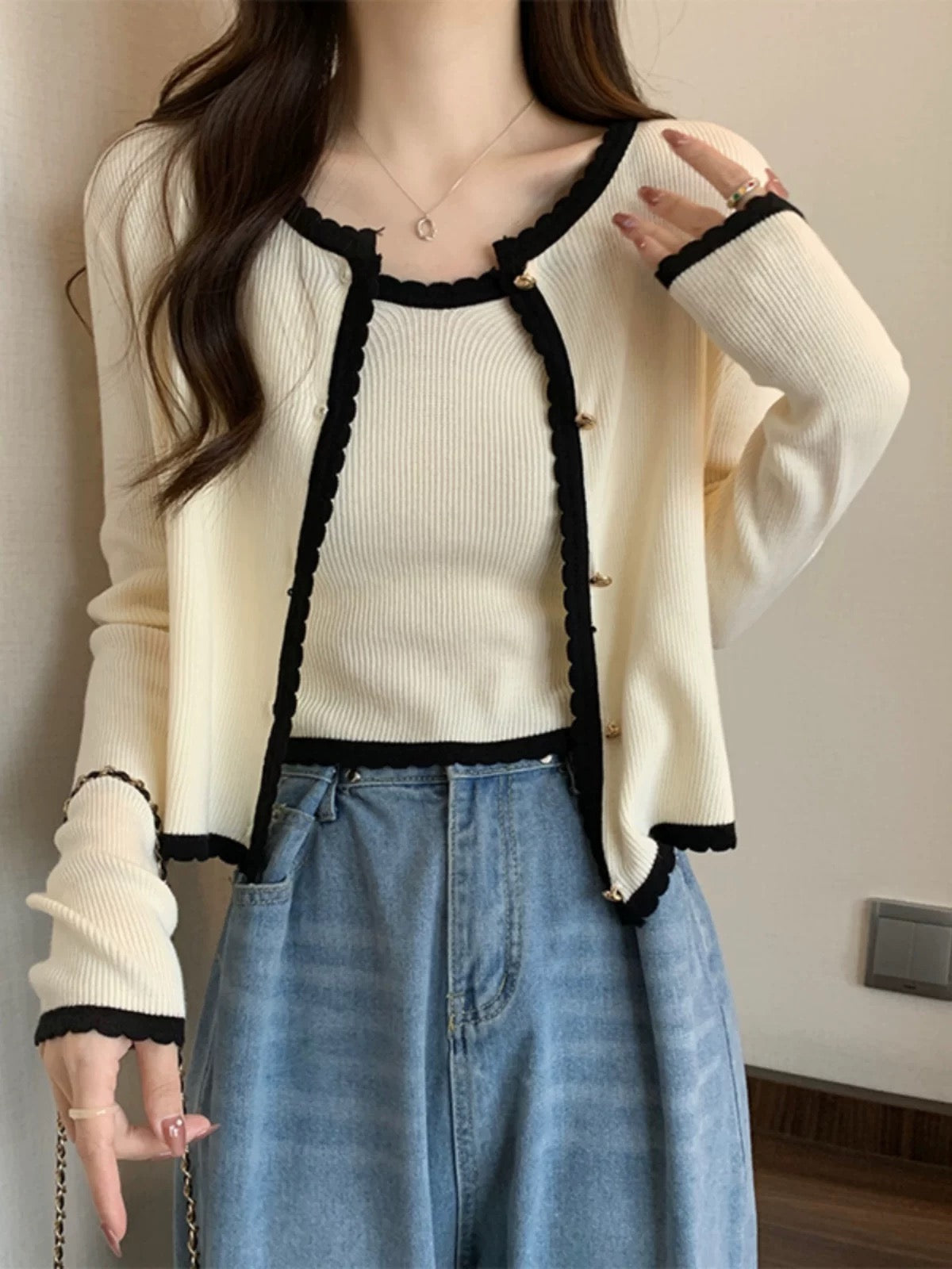 Black Knit Cardigan with White Trim – Elegant Two Piece Knit Set