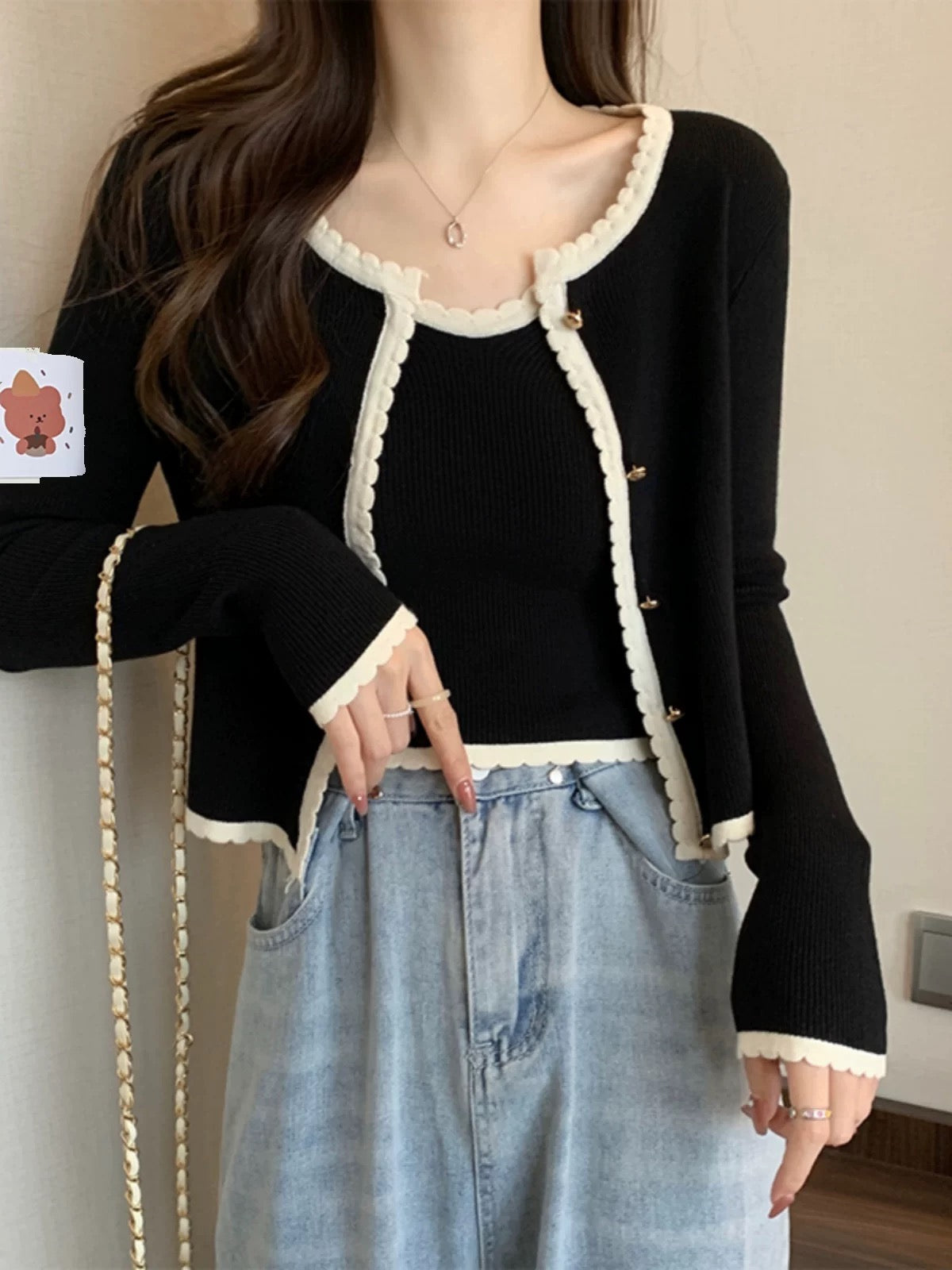 Black Knit Cardigan with White Trim – Elegant Two Piece Knit Set