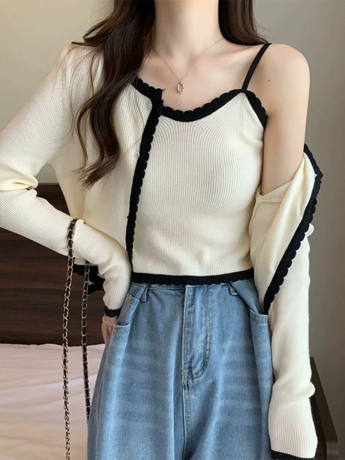 Black Knit Cardigan with White Trim – Elegant Two Piece Knit Set
