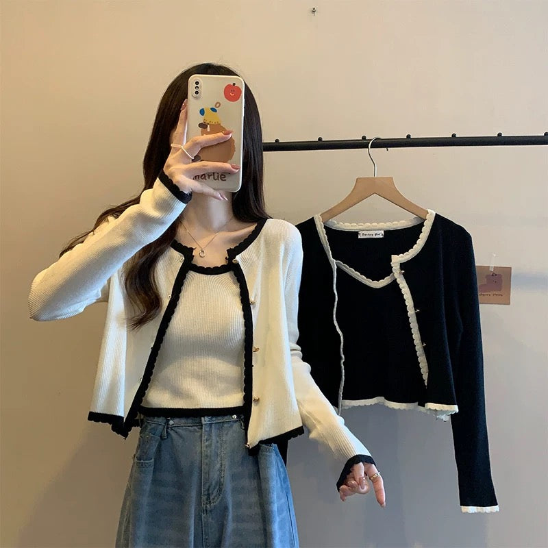 Black Knit Cardigan with White Trim – Elegant Two Piece Knit Set