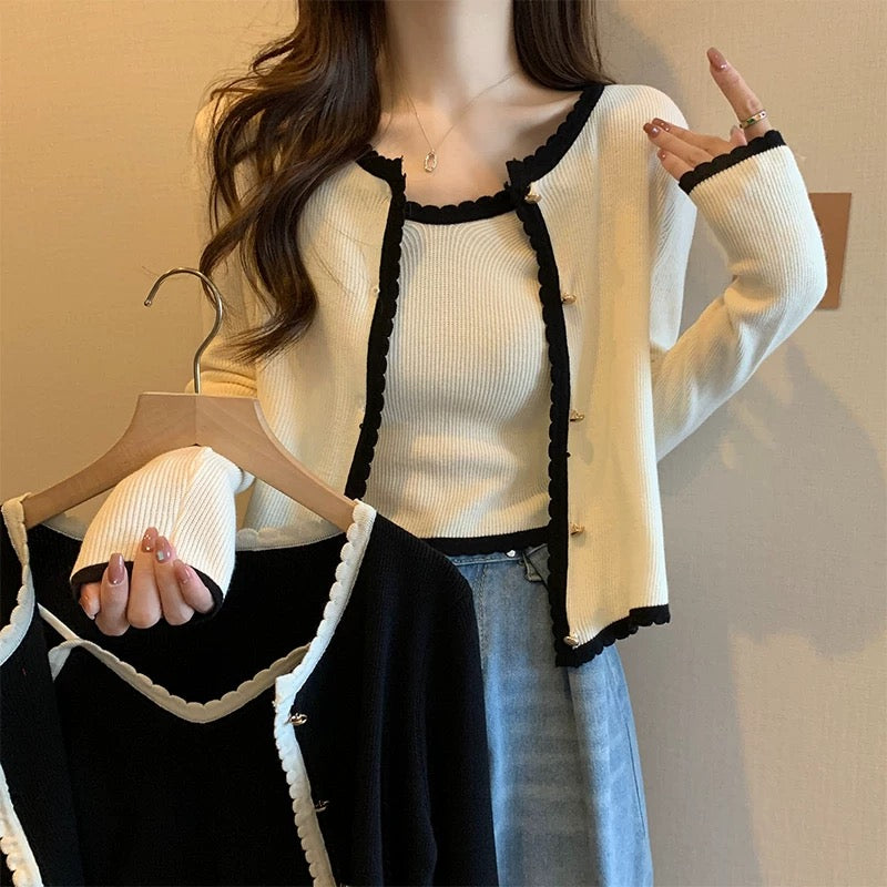 Black Knit Cardigan with White Trim – Elegant Two Piece Knit Set