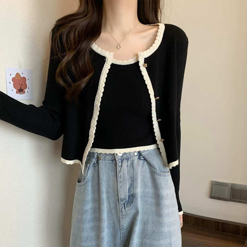 Black Knit Cardigan with White Trim – Elegant Two Piece Knit Set