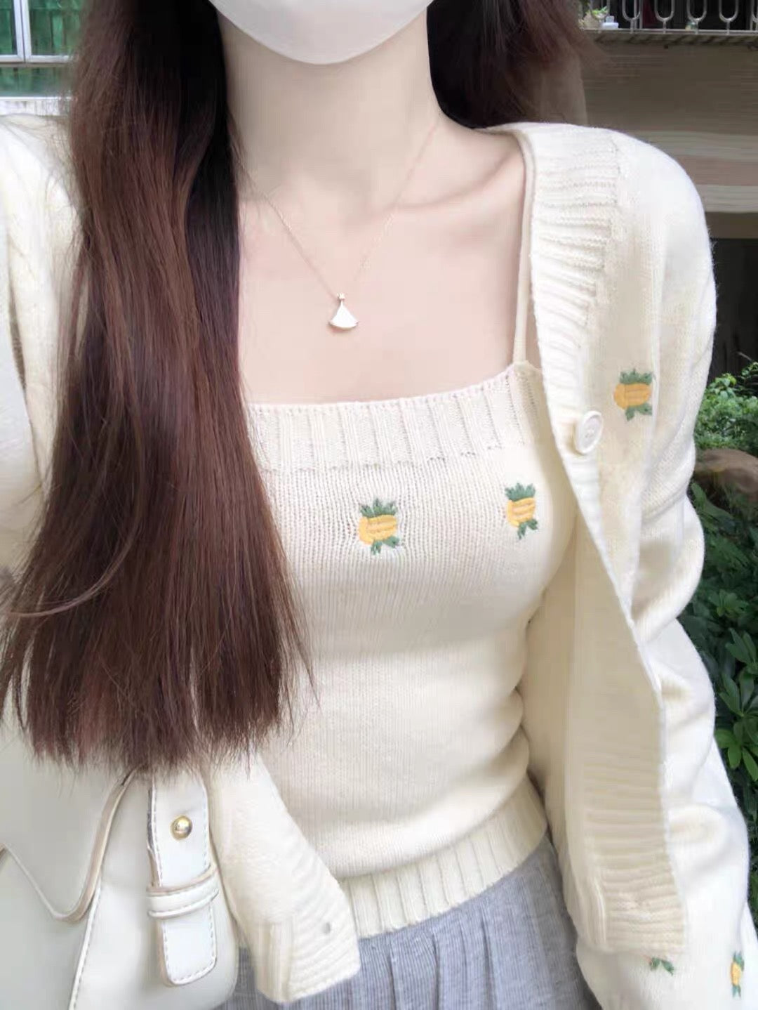 Cream Knit Cardigan with Pineapple Embroidery – Two Piece Knitwear Set