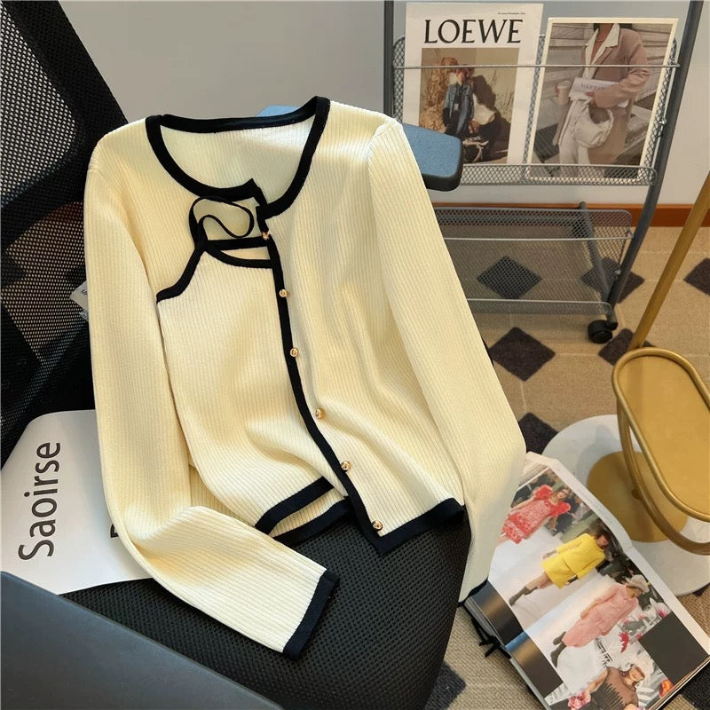Cardigan with Cream and Black Trim – Two Piece Knit Set