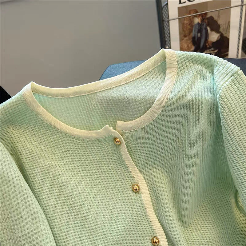 Cardigan with Cream and Black Trim – Two Piece Knit Set