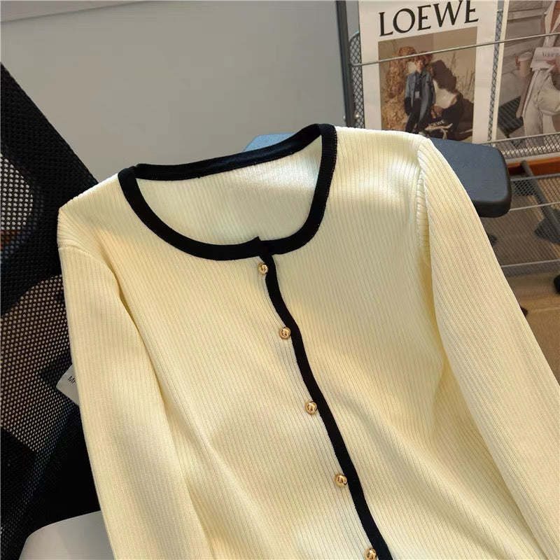 Cardigan with Cream and Black Trim – Two Piece Knit Set