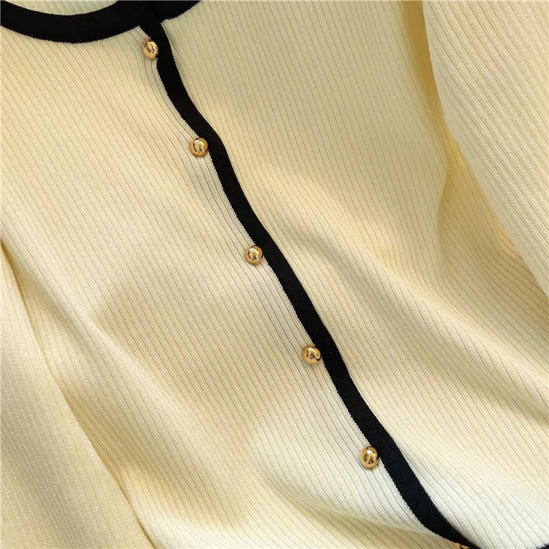Cardigan with Cream and Black Trim – Two Piece Knit Set