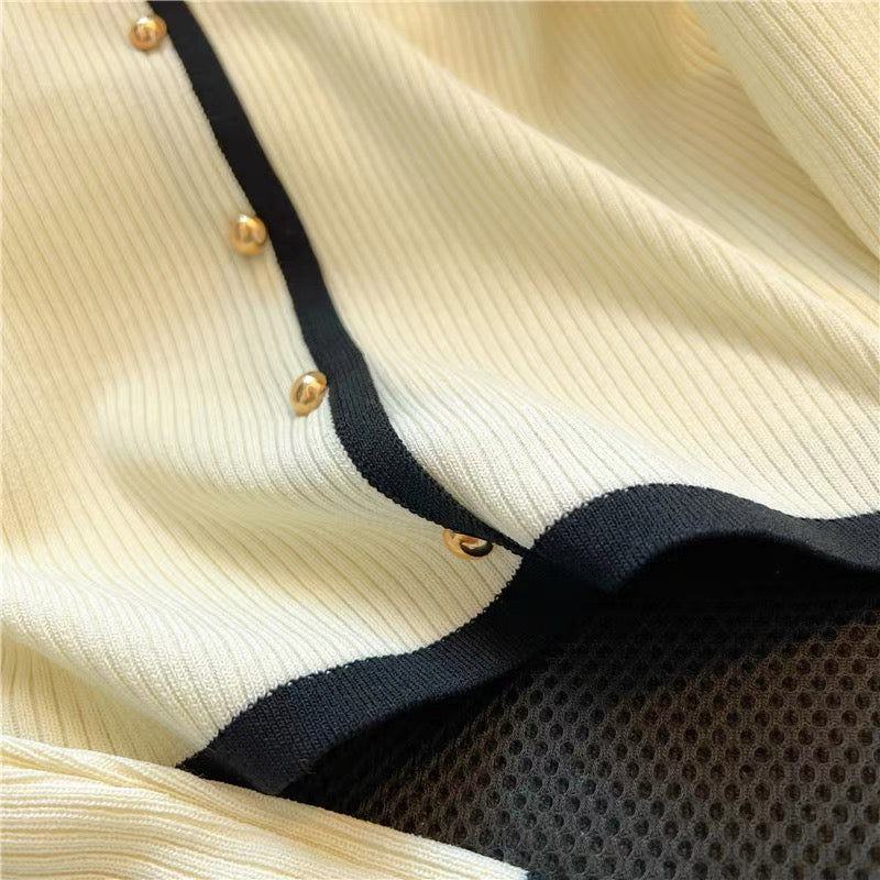 Cardigan with Cream and Black Trim – Two Piece Knit Set