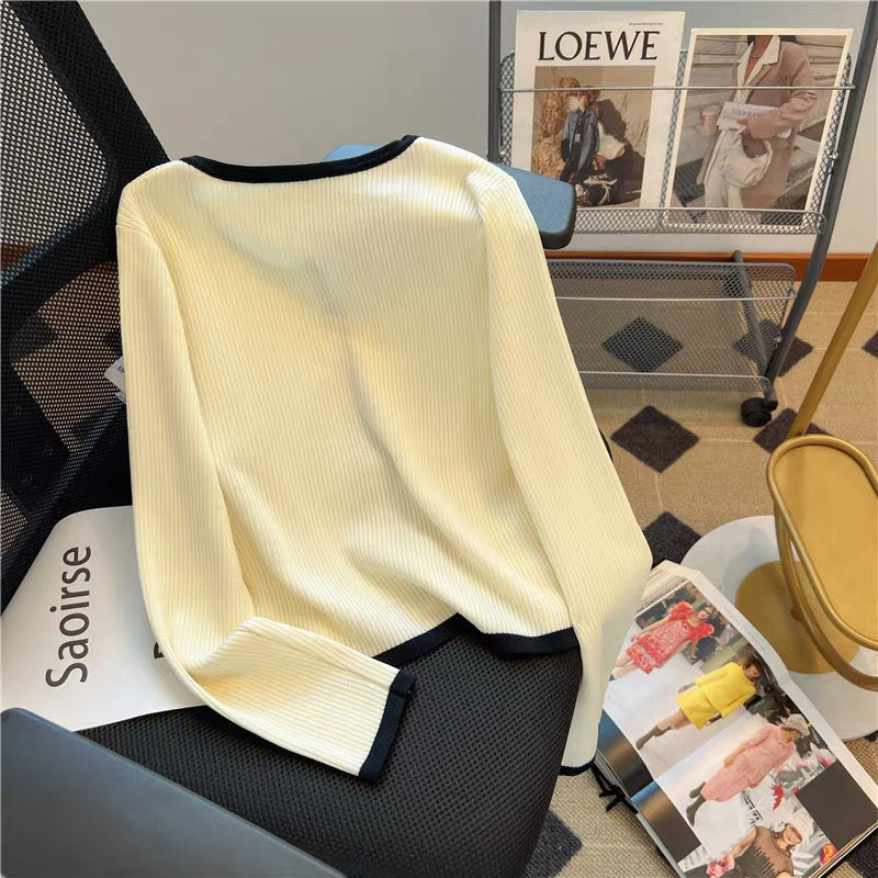 Cardigan with Cream and Black Trim – Two Piece Knit Set