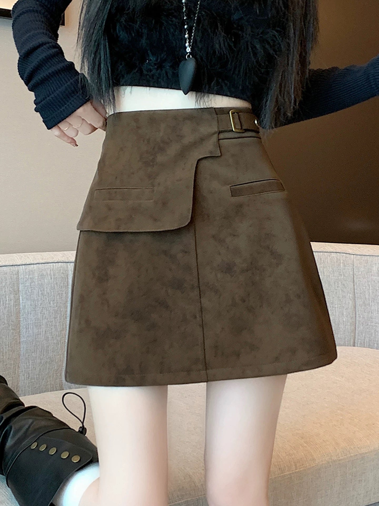 Suede Mini Skirt with Flap