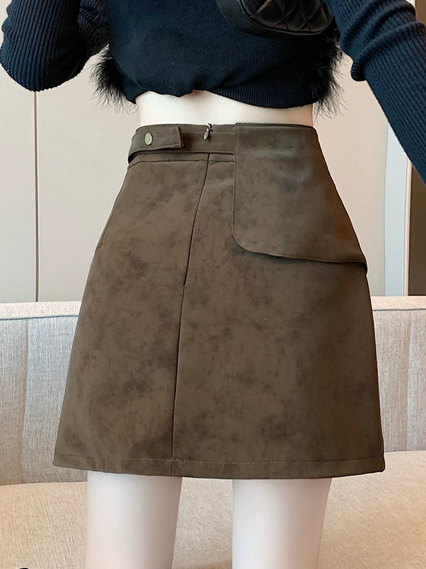 Suede Mini Skirt with Flap