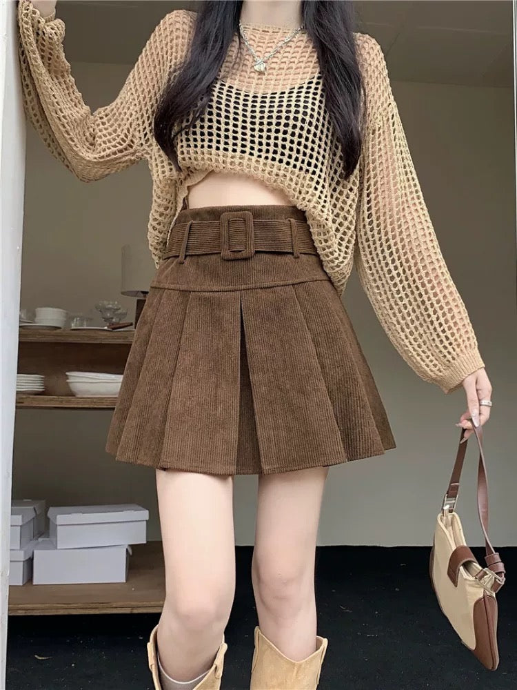 Corduroy Pleated Mini Skirt With Large Belt