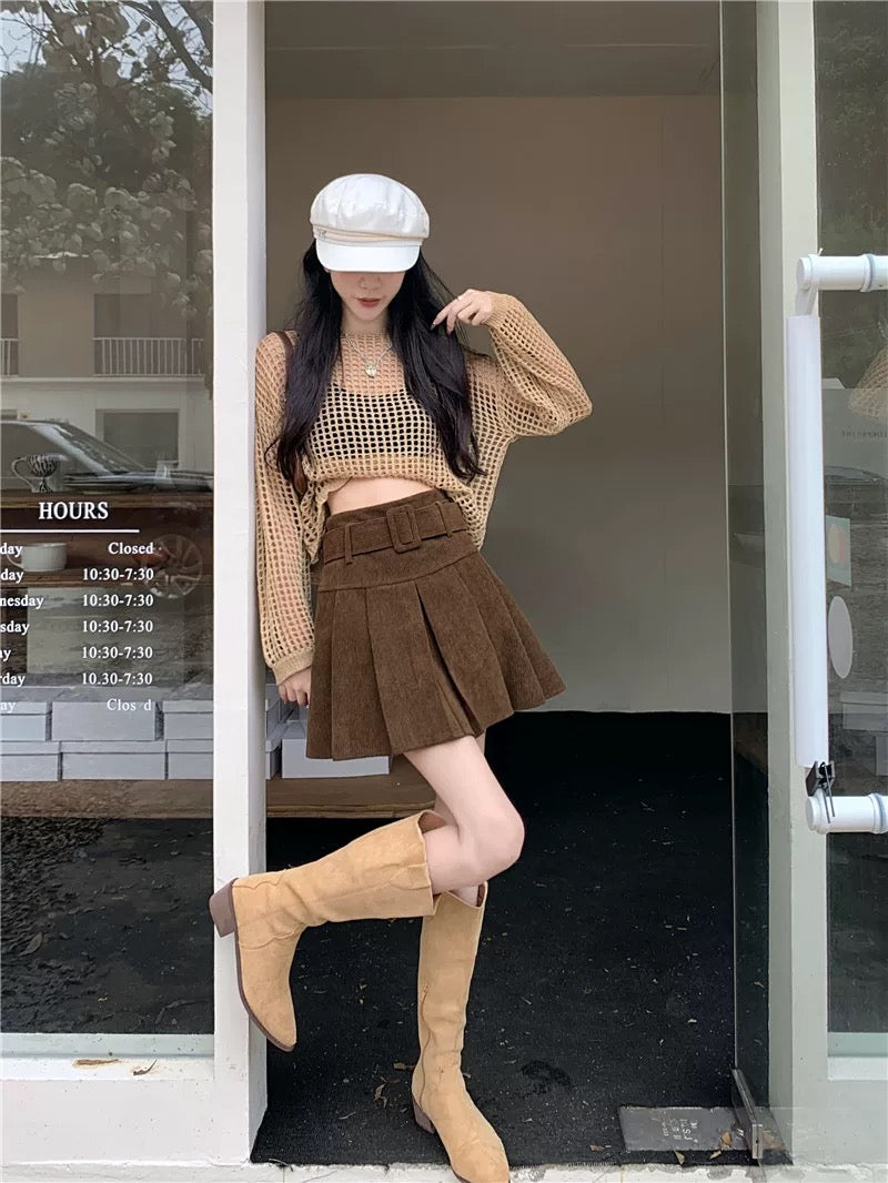 Corduroy Pleated Mini Skirt With Large Belt