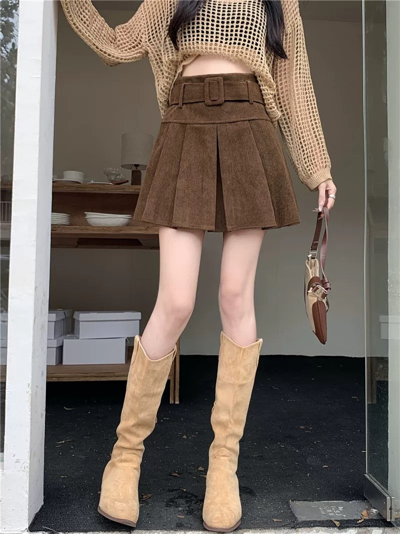 Corduroy Pleated Mini Skirt With Large Belt