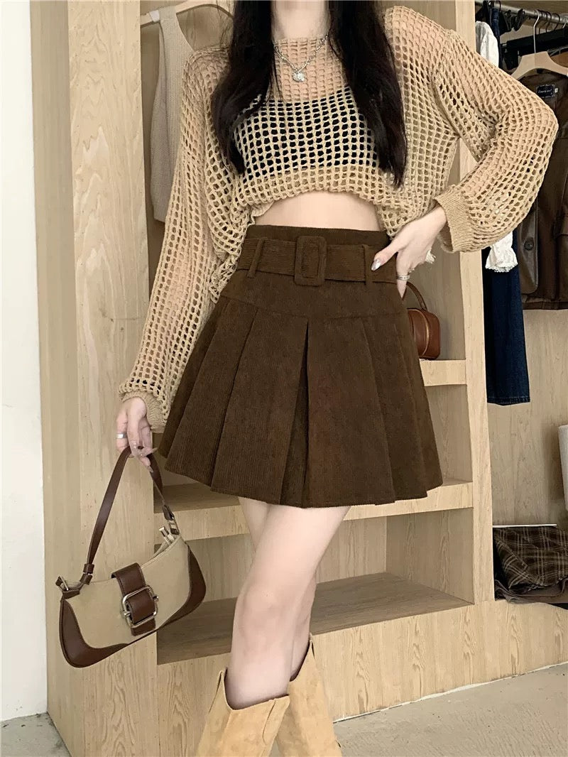 Corduroy Pleated Mini Skirt With Large Belt