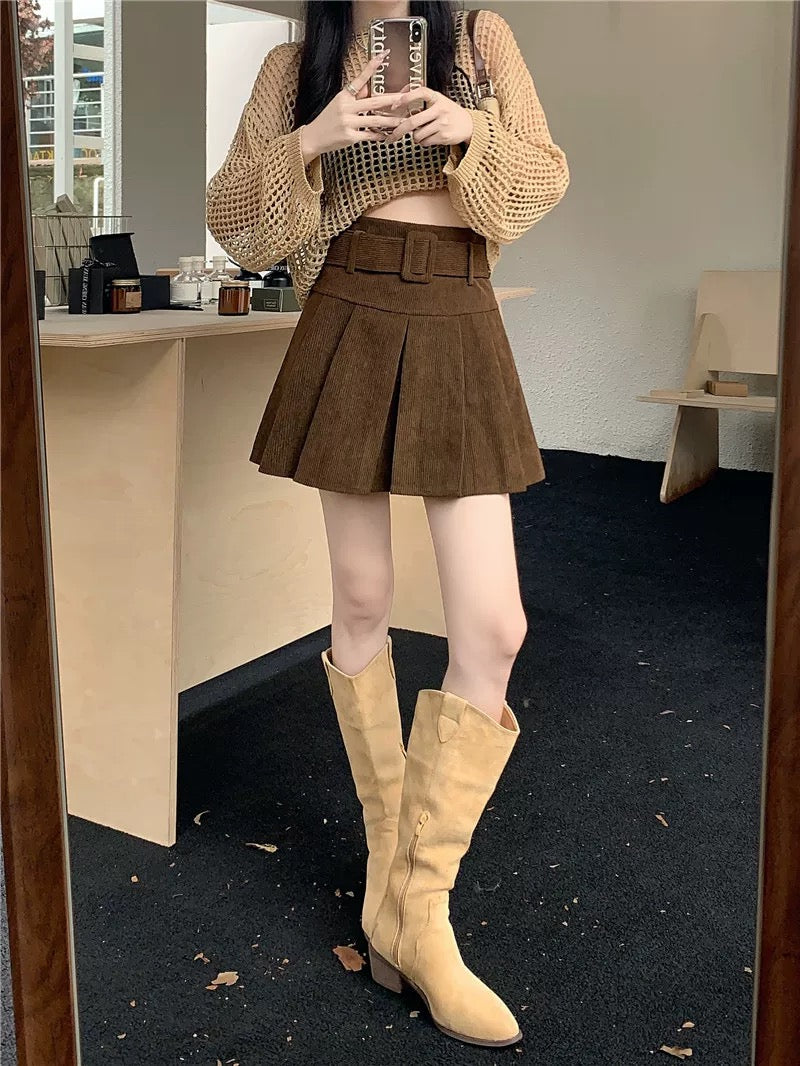 Corduroy Pleated Mini Skirt With Large Belt