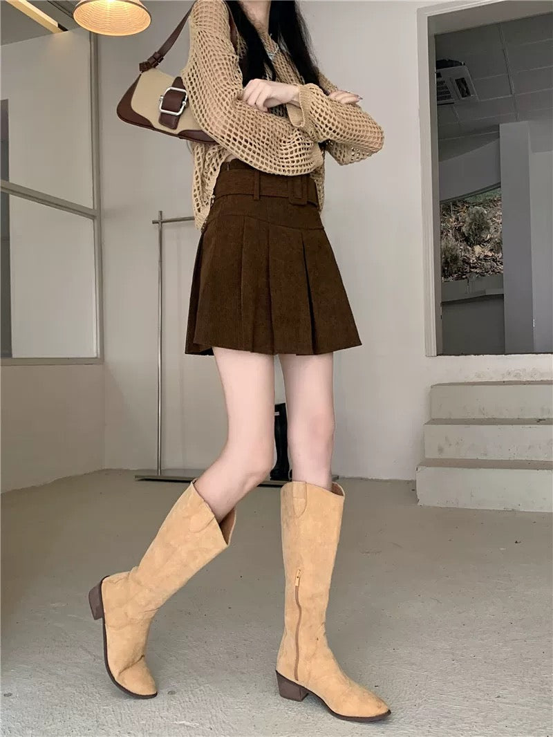 Corduroy Pleated Mini Skirt With Large Belt