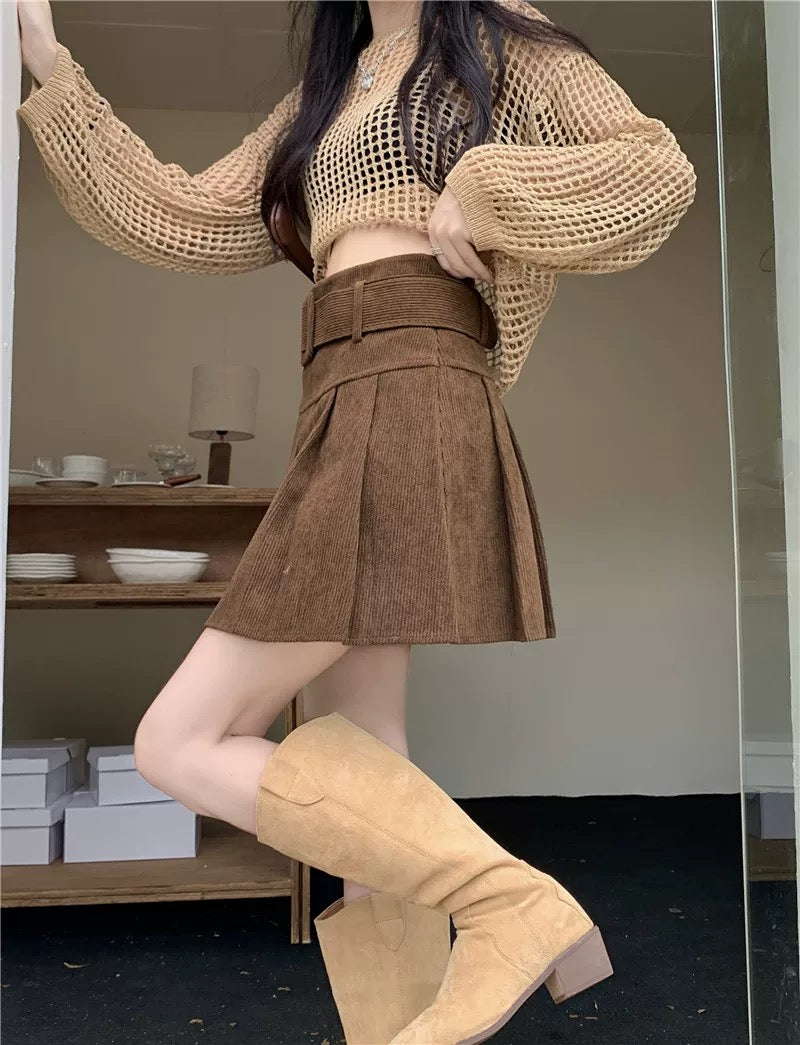 Corduroy Pleated Mini Skirt With Large Belt
