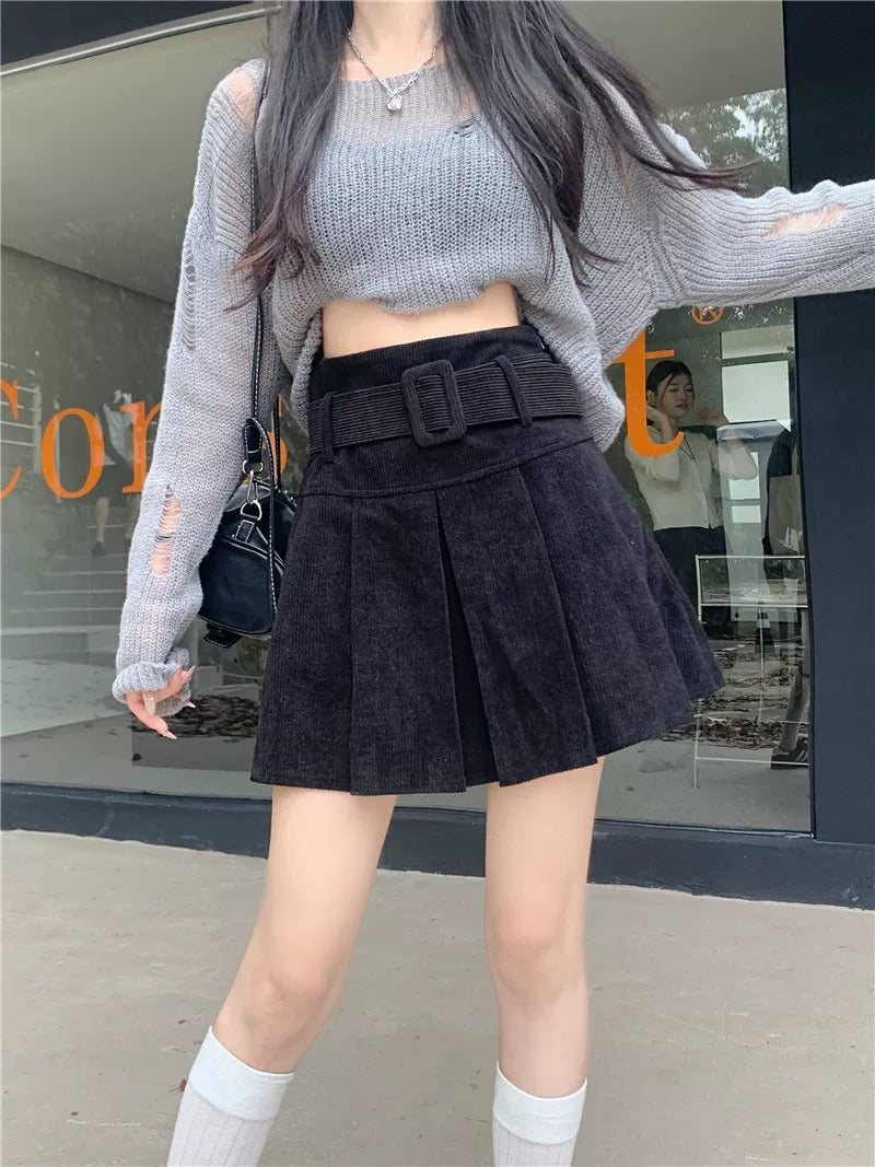 Corduroy Pleated Mini Skirt With Large Belt