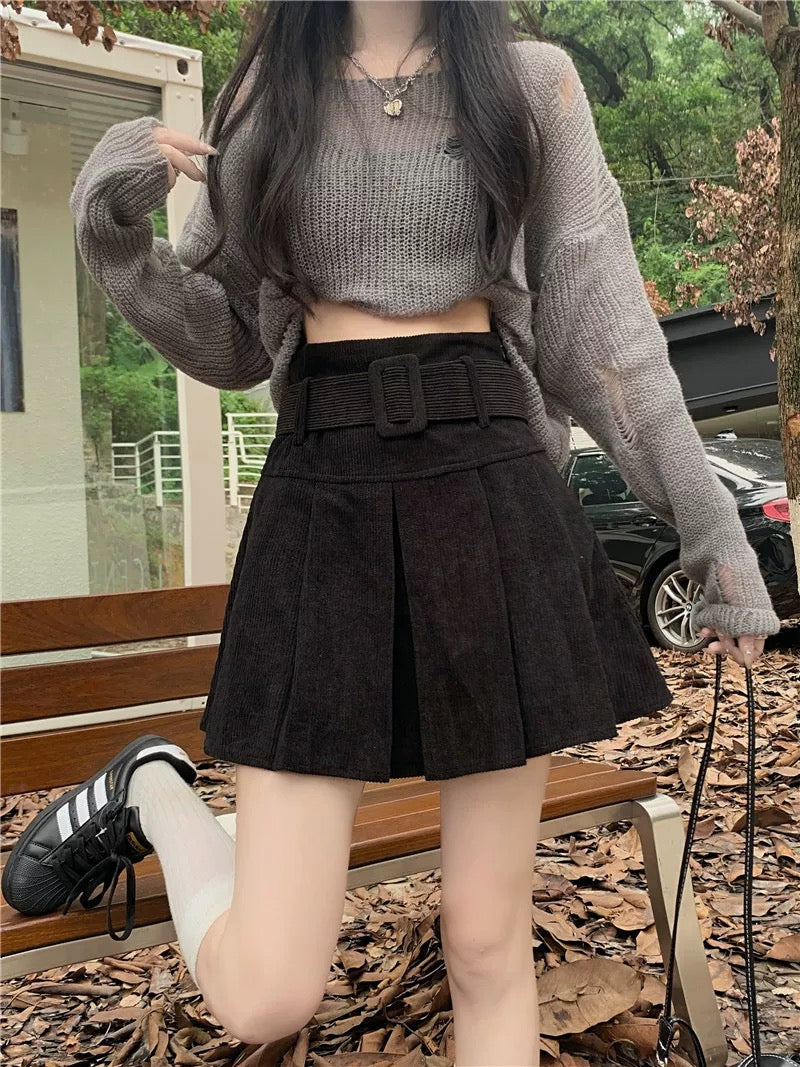 Corduroy Pleated Mini Skirt With Large Belt