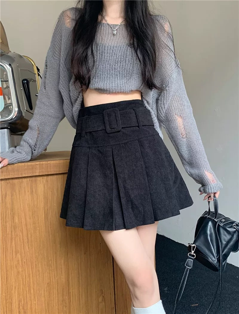Corduroy Pleated Mini Skirt With Large Belt