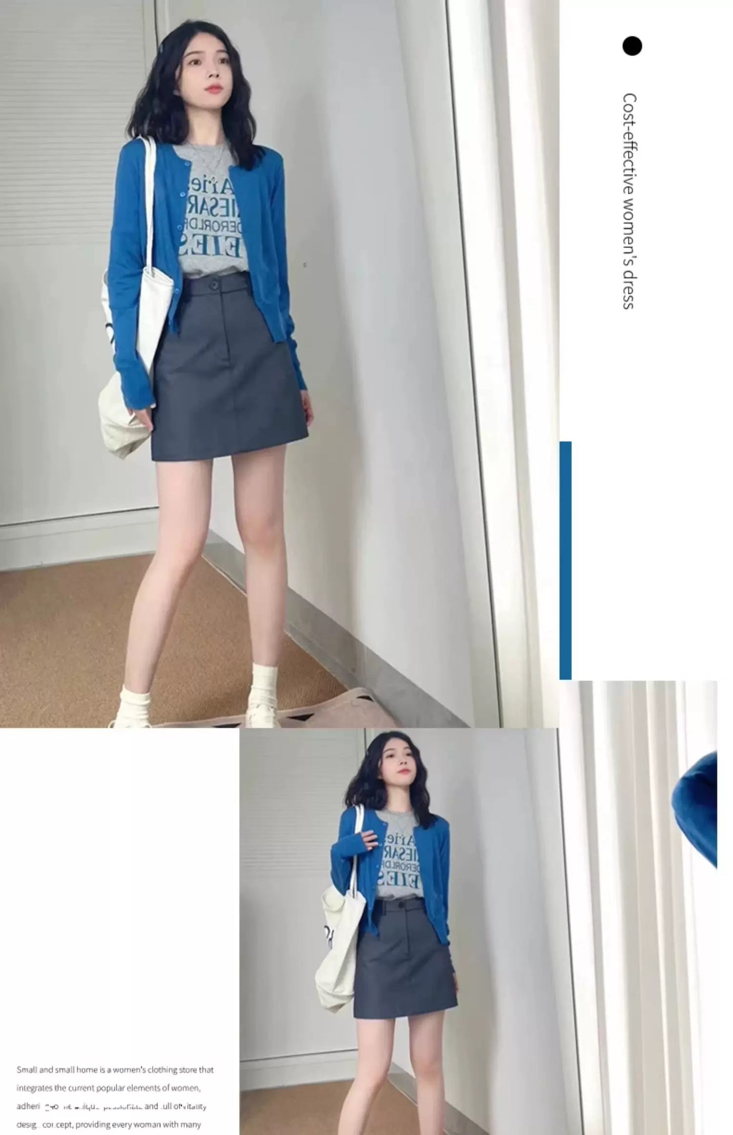 Casual Blue Cardigan with Graphic Tee – Preppy Mini Skirt Outfit Set