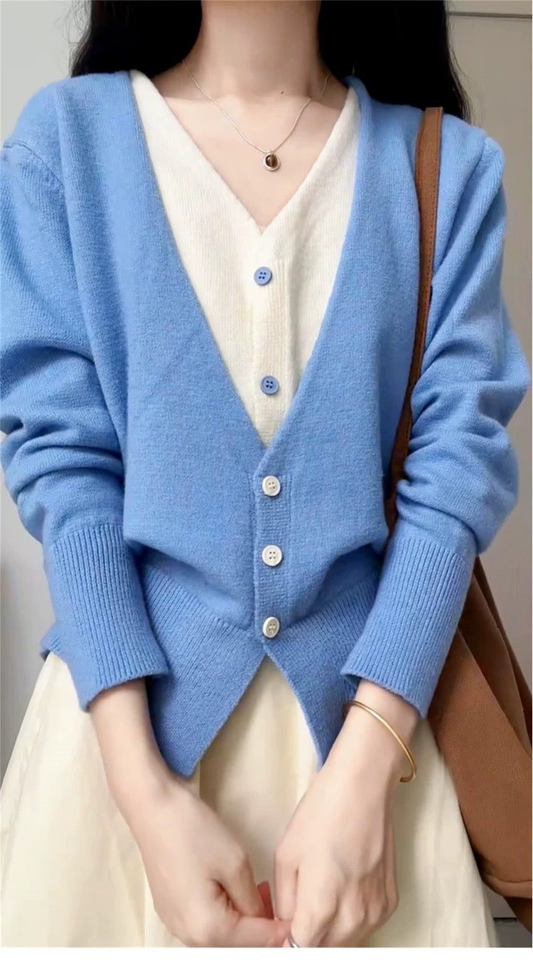 Blue Knit Cardigan – Soft V-Neck Button Down Sweater