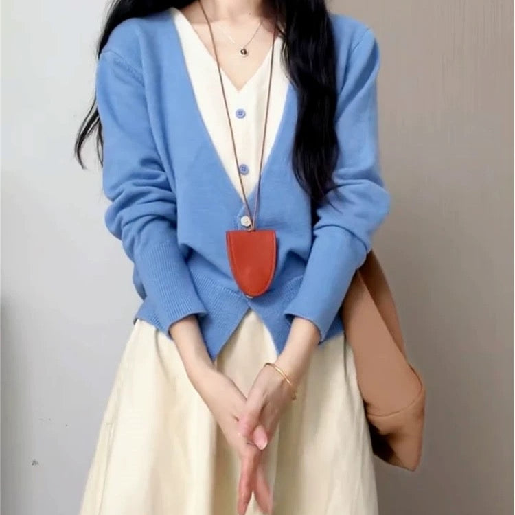 Person wearing a blue cardigan with a red pocket and beige skirt, holding a pink pig head.