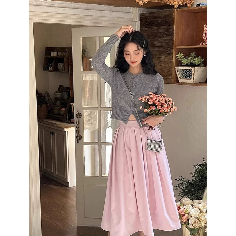 Pink Cotton Midi Pleated Skirt
