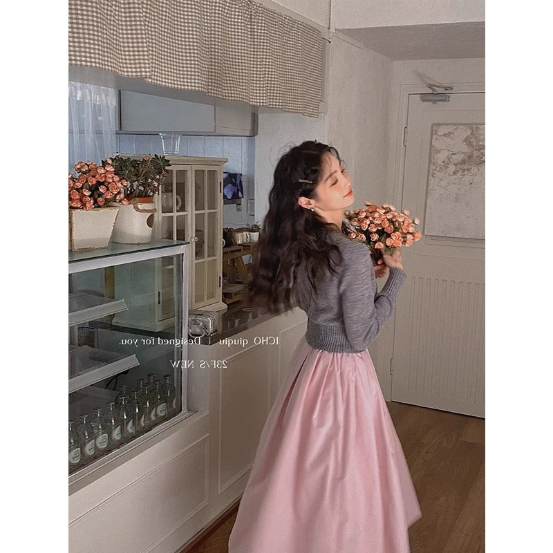 Pink Cotton Midi Pleated Skirt