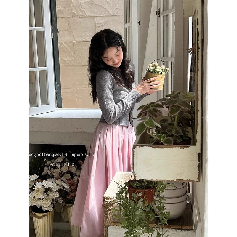 Pink Cotton Midi Pleated Skirt