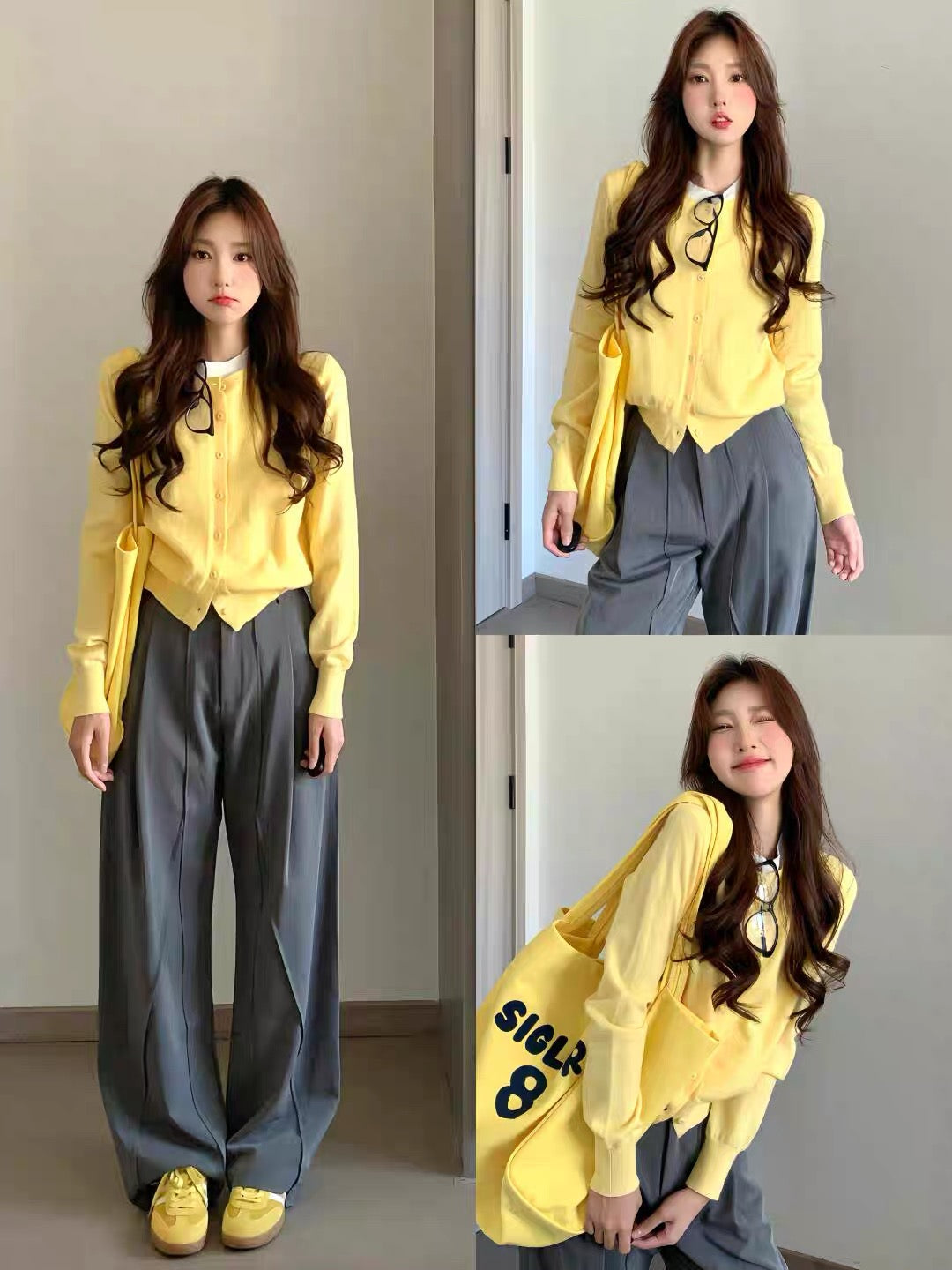 Woman wearing a yellow jacket and gray pants with a yellow bag, standing against a plain background.