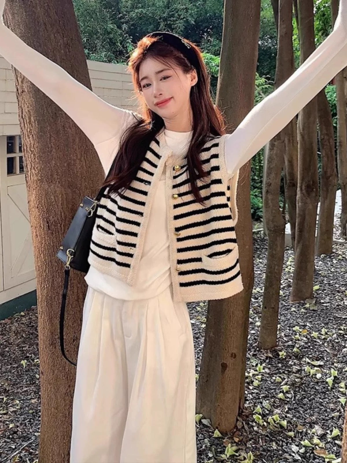 Black and White Striped Knit Vest – Preppy Button Down Sweater Set