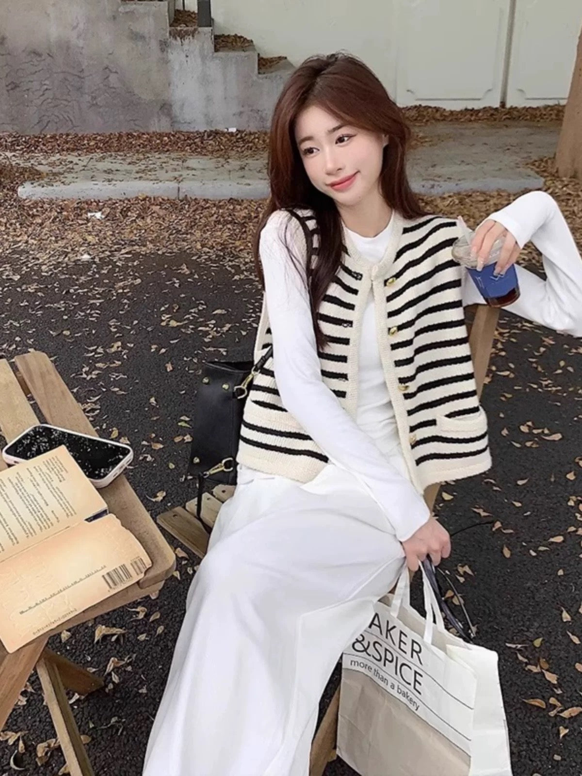 Black and White Striped Knit Vest – Preppy Button Down Sweater Set