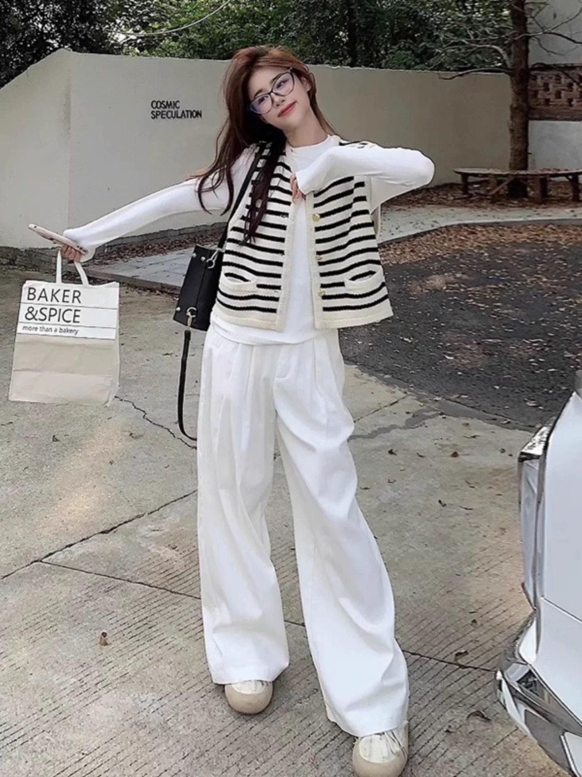Black and White Striped Knit Vest – Preppy Button Down Sweater Set