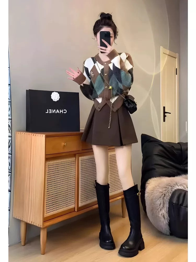 Argyle Knit Cardigan – Brown, Teal, and Cream Diamond Sweater Set