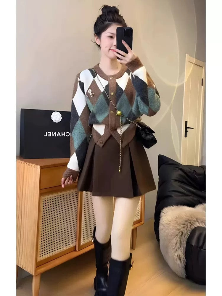 Argyle Knit Cardigan – Brown, Teal, and Cream Diamond Sweater Set
