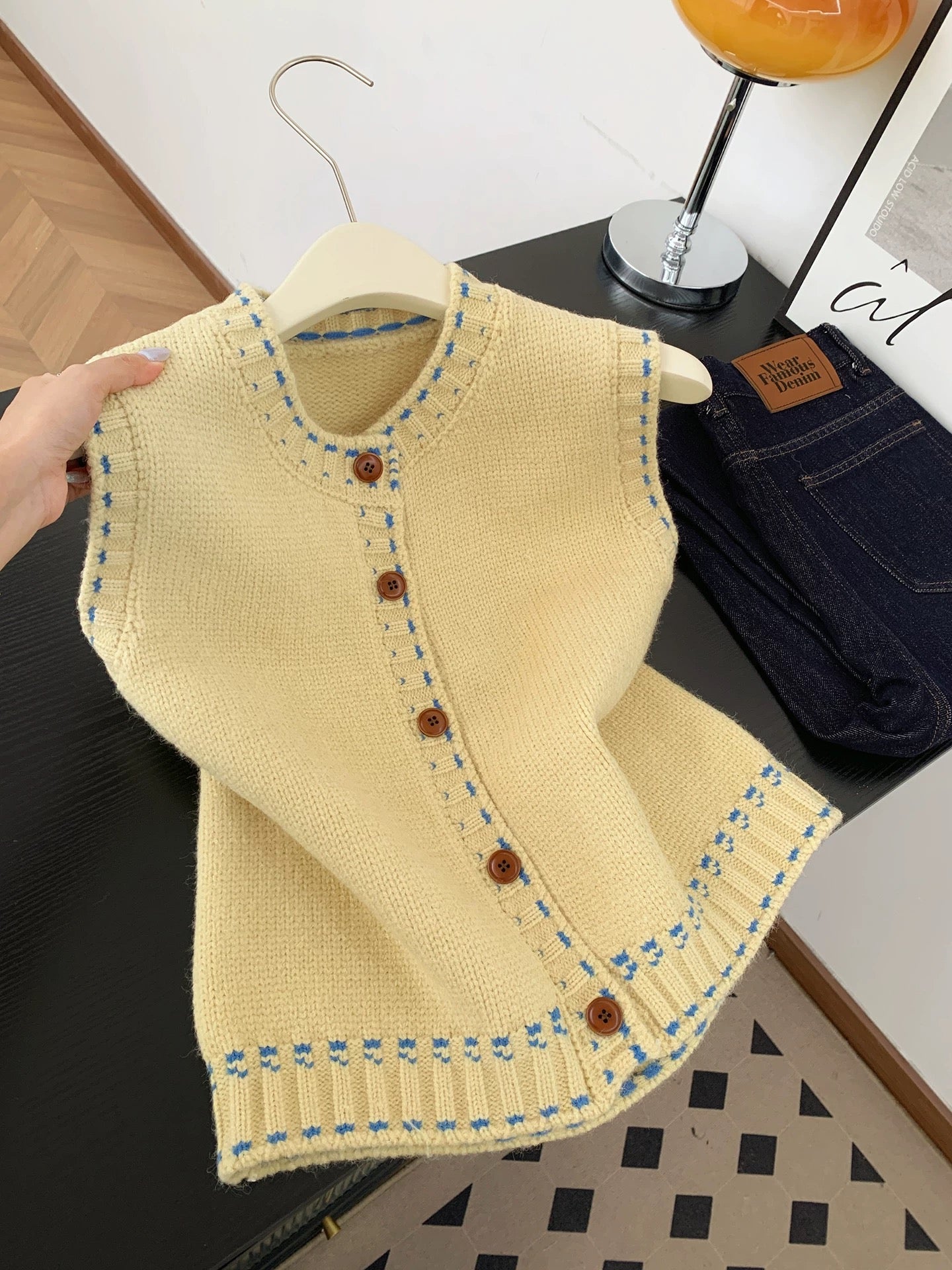 Yellow Knit Vest with Blue Stitch Trim – Button Down Sweater Vest