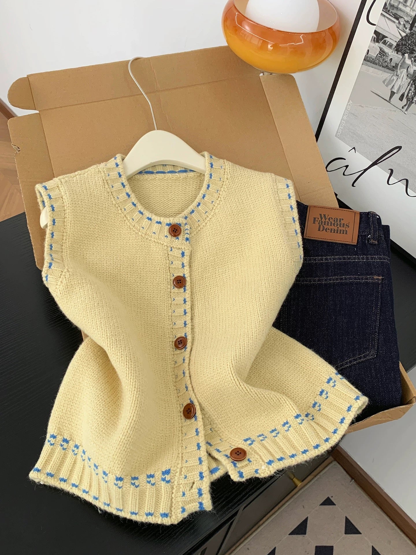 Yellow Knit Vest with Blue Stitch Trim – Button Down Sweater Vest