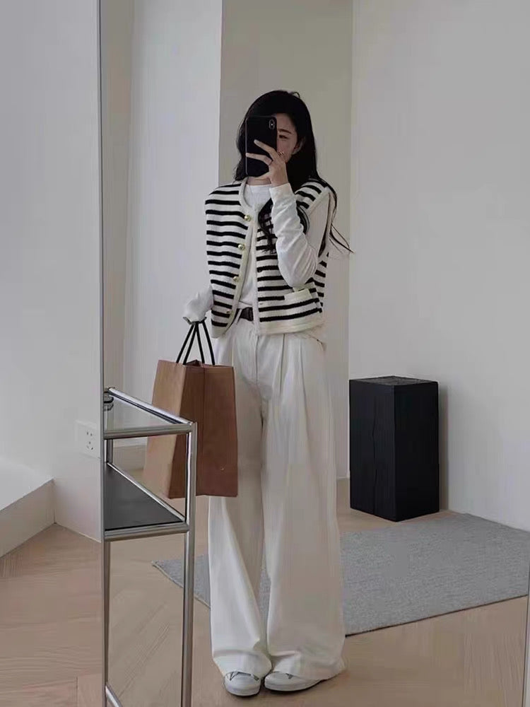 Black and White Striped Knit Vest – Preppy Button Down Sweater Set