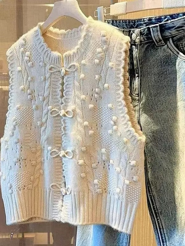 White Cable Knit Vest – Textured Pom Pom Knitwear