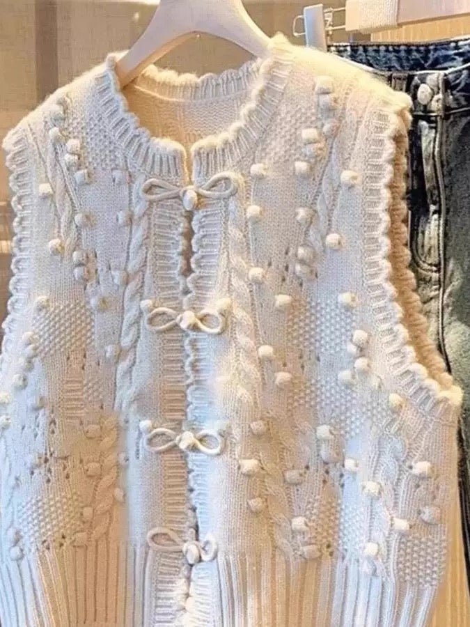 White Cable Knit Vest – Textured Pom Pom Knitwear