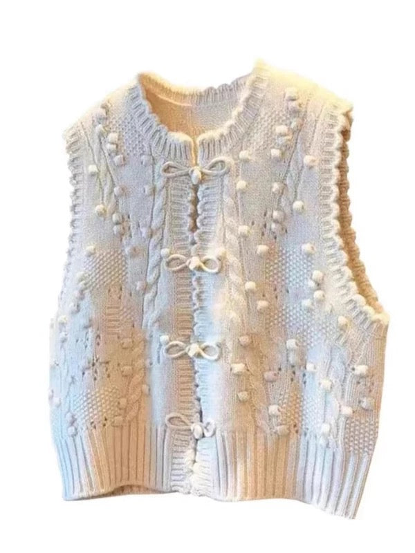 White Cable Knit Vest – Textured Pom Pom Knitwear