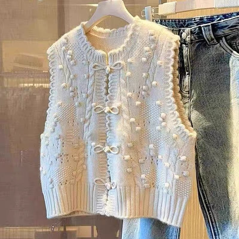 White Cable Knit Vest – Textured Pom Pom Knitwear