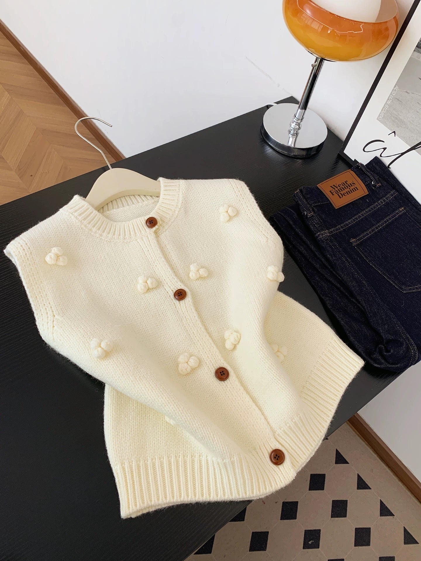 Cream Knit Vest with Pom Pom Details – Button Down Sweater Vest